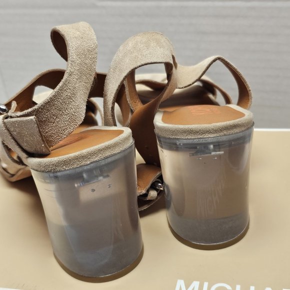 New Womens Michael Kors Suede Light Camel Clear Chunky Heel Leather Soles 11 - Picture 10 of 15